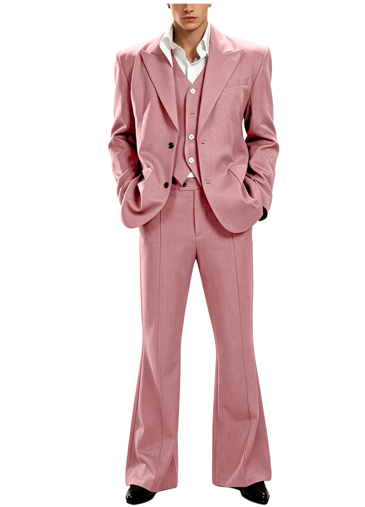 Ensemble de costume 3 pièces vintage pour homme, revers pointu, coupe ajustée, blazer croisé à 2 boutons, gilet et pantalon évasé pour occasions formelles, affaires et mariages