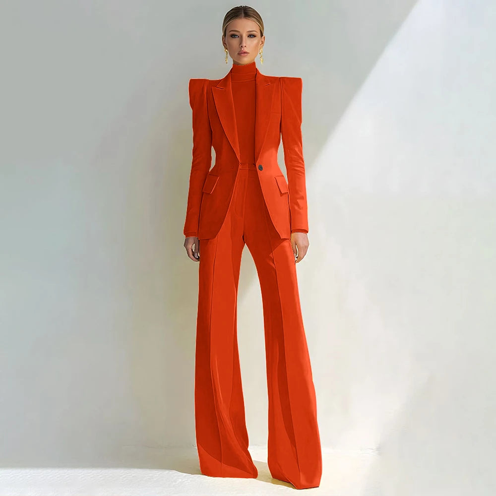 Costume rouge professionnel pour femmes, revers à pointe, bouton unique, Blazer élégant et pantalon évasé, ensemble 2 pièces, vêtements de bureau formels