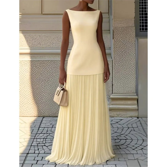 Ensemble robe longue plissée élégante – 2 pièces sans manches, col bateau – Été 2025
