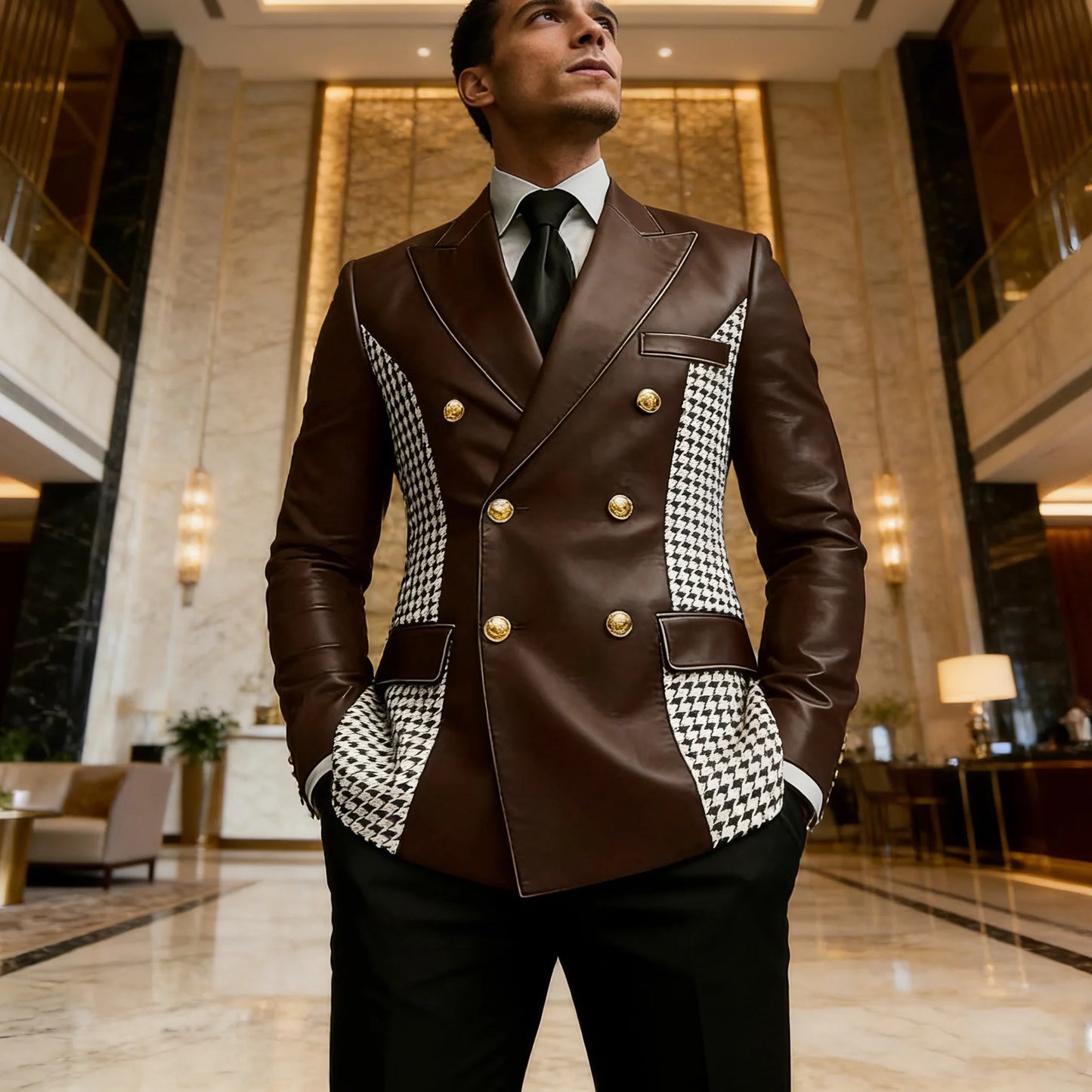 Blazer en cuir marron pour homme avec côtés à motif pied-de-poule, vintage, bicolore, double boutonnage, coupe ajustée, boutons dorés, veste de smoking en cuir