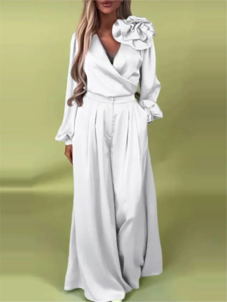 Costume décontracté de couleur unie pour femmes, magnifique et élégant, col en v, haut à manches longues, pantalon à jambes larges, ensemble deux pièces