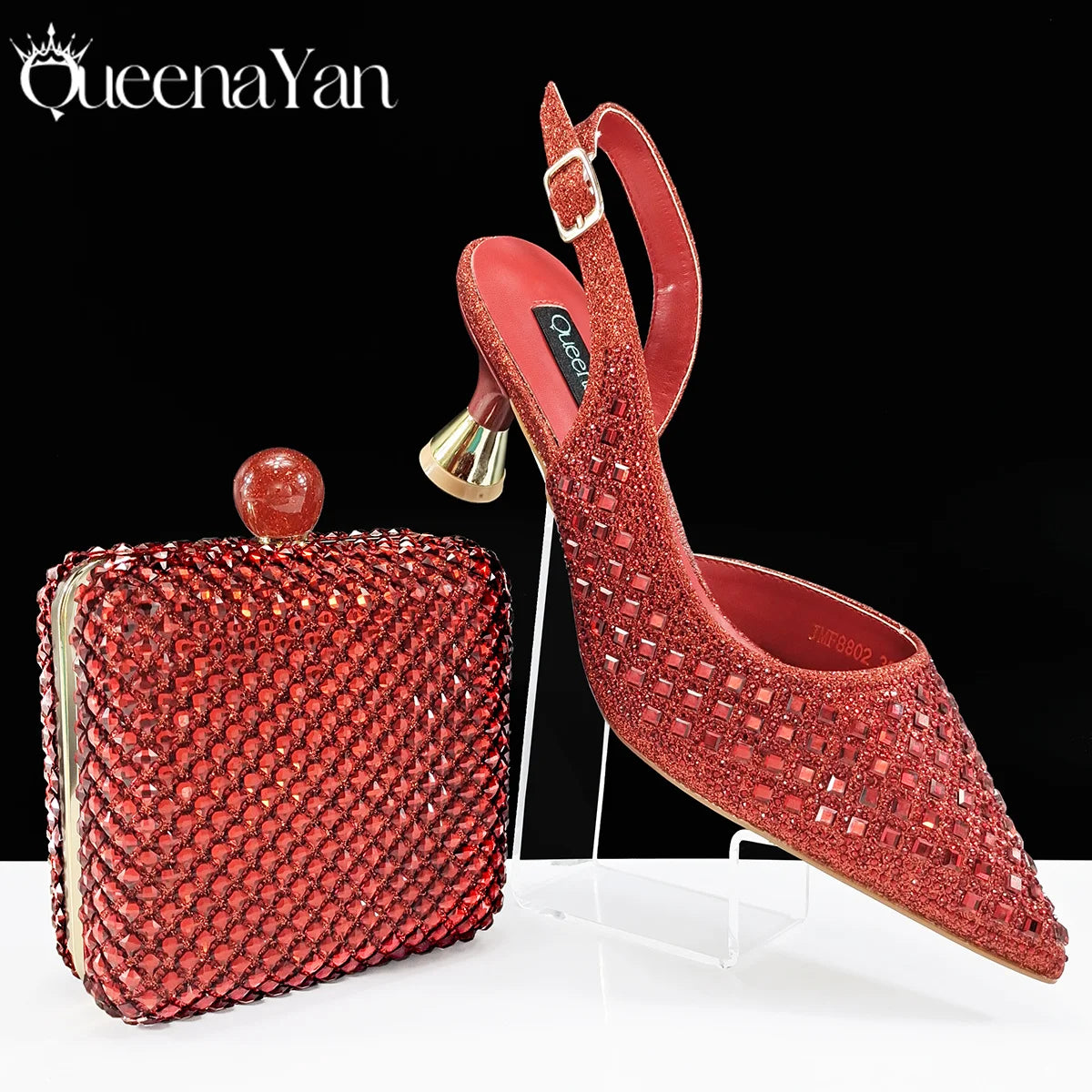 Queena Yan Design italien strass luxe couleur verte bout pointu chaussure et sac ensemble femmes talons hauts pour les fêtes de haute qualité
