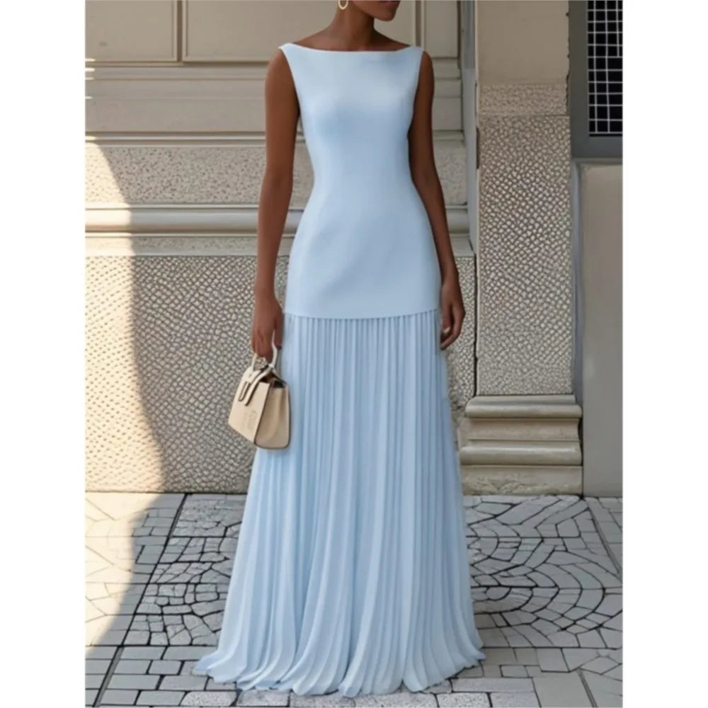 Ensemble robe longue plissée élégante – 2 pièces sans manches, col bateau – Été 2025