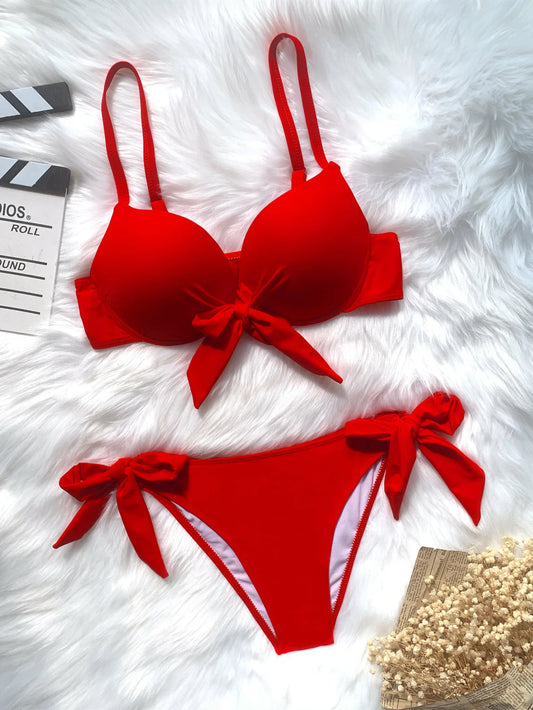 Sexy avant noeud papillon push up bikinis deux pièces solide maillot de bain cravate bikini maillot de bain Biquini conjunto de bikini tankini