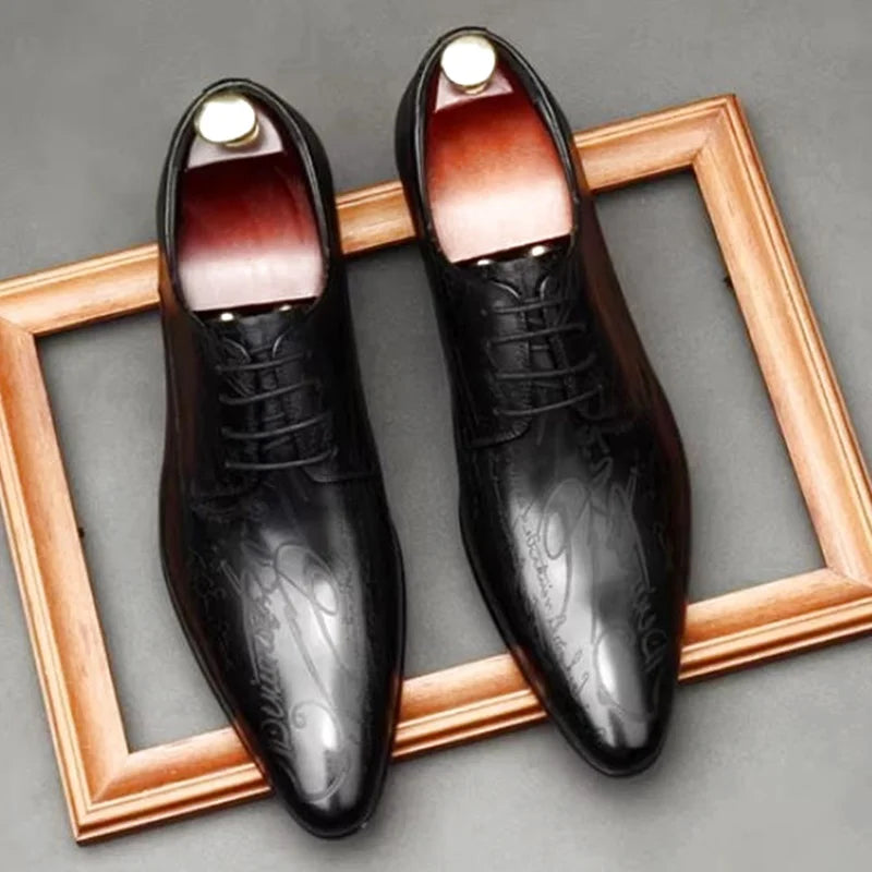 Stylish Letter-printed Men's Business Leather Shoes Korea Style Wedding Derby Shoes Lace-up Pointed Toe Dress Shoes Man Wine-red