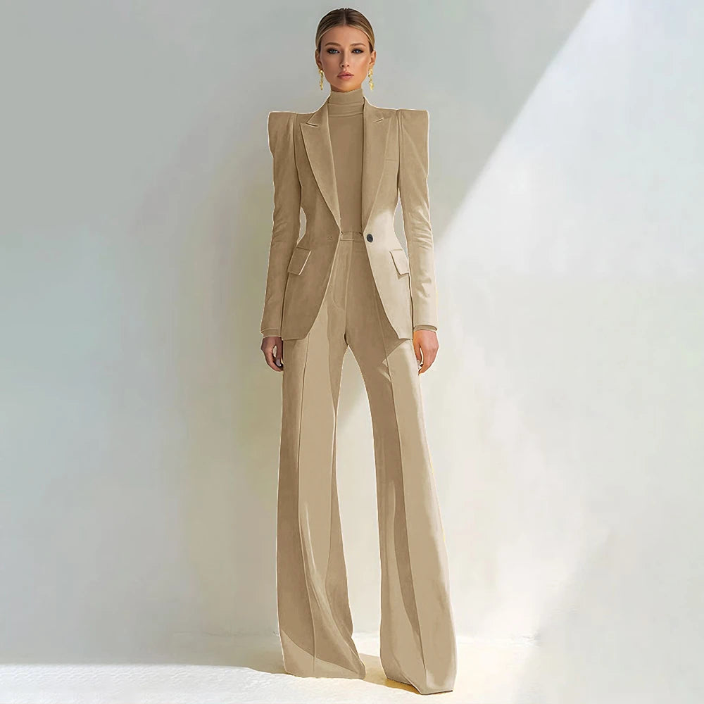 Costume rouge professionnel pour femmes, revers à pointe, bouton unique, Blazer élégant et pantalon évasé, ensemble 2 pièces, vêtements de bureau formels