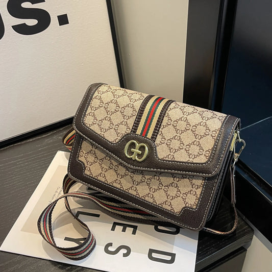 Sac bandoulière classique tendance en PU léger avec rabat, sangle réglable, imprimé géométrique et logo, idéal pour le shopping et les trajets quotidiens