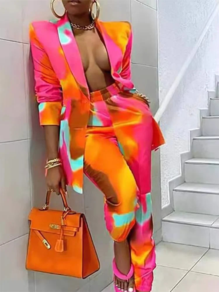 Ensemble tailleur élégant pour femme : blazer, pantalon crayon, imprimé rétro, bouton unique, tenue décontractée printemps-automne, deux pièces