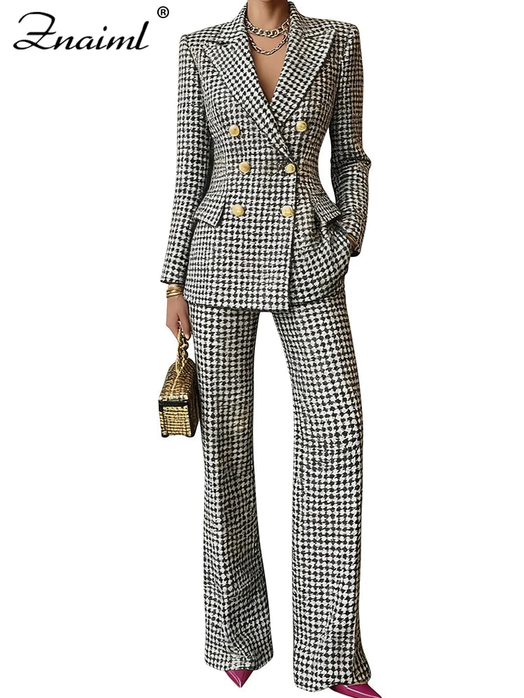 Znaiml Chic Plaid imprimé mince femmes Blazer costume revers à manches longues veste et taille haute pantalon droit 2 pièces ensemble bureau
