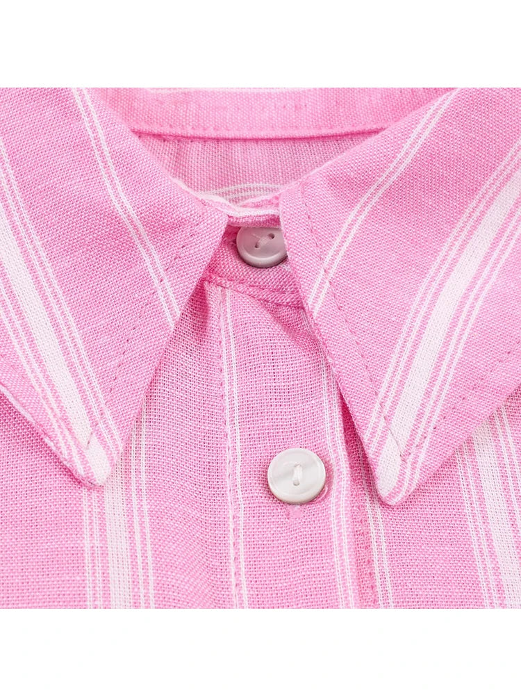 TFMLN 2026 Ensemble jupe et chemise mode femme, chemise rose à rayures à manches longues, col à revers et simple boutonnage, et jupe longue plissée à empiècements