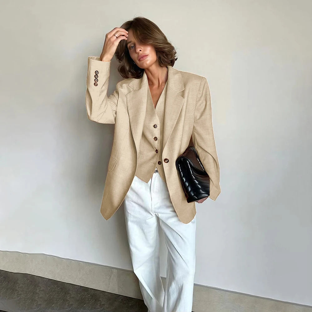 Slim Fit Women's Suits Linen Three Pieces Pant Sets High-end Single Button Notch Lapel Blazer Elegant Daily Business Office Wear