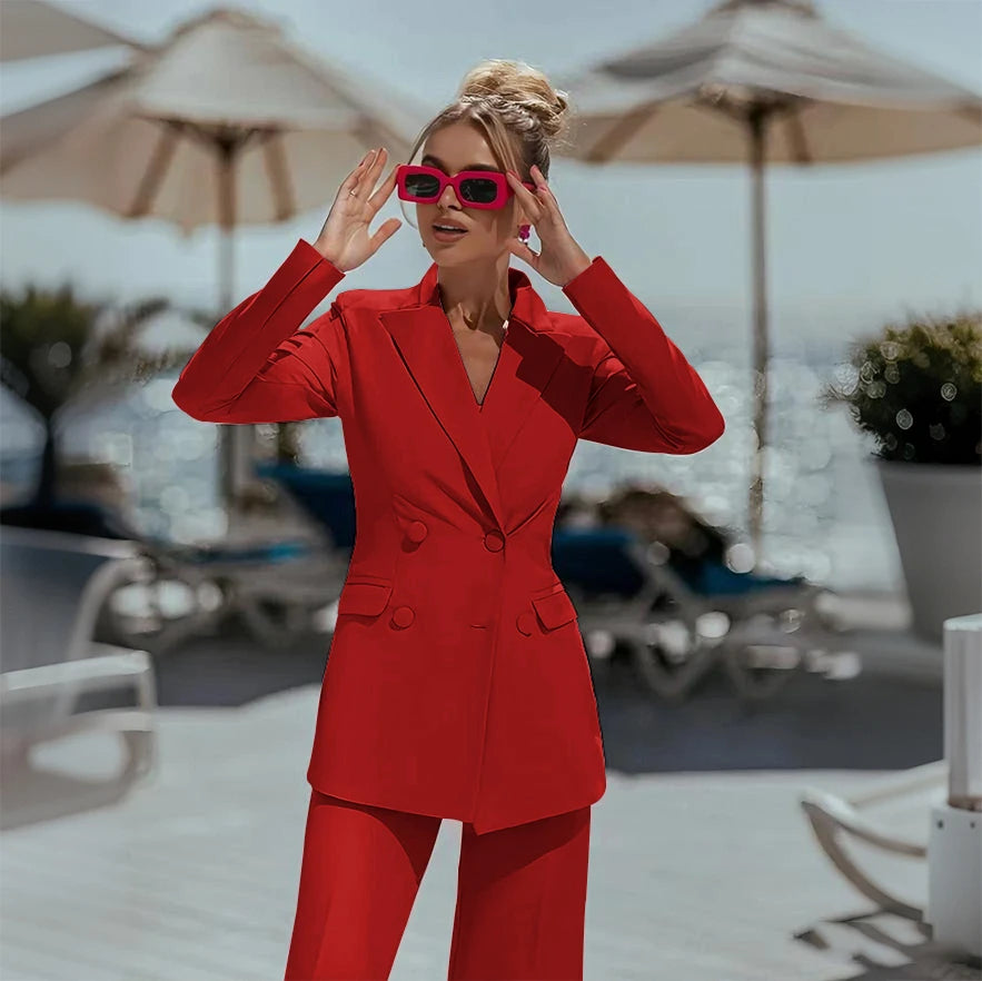 Ensemble Pantalon Rose Élégant à Double Boutonnage pour Femme, Tenue Décontractée, Slim, 03, Bal de Promo, (Veste + Pantalon), 2 Pièces
