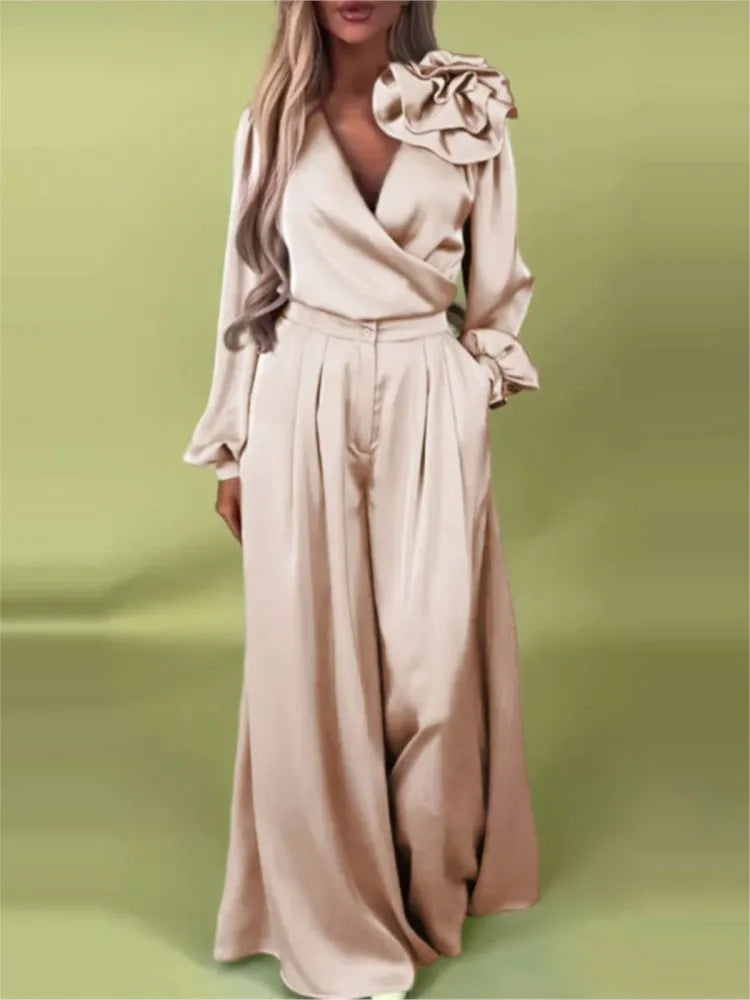 Costume décontracté de couleur unie pour femmes, magnifique et élégant, col en v, haut à manches longues, pantalon à jambes larges, ensemble deux pièces