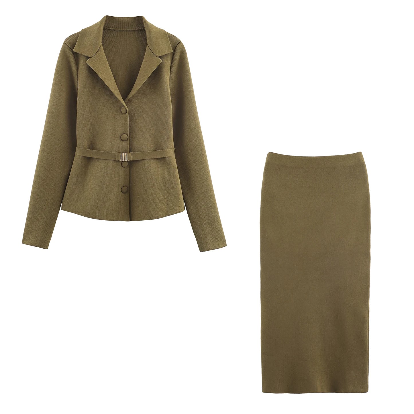 KONDALA décontracté Chic vert femmes tricot costumes à manches longues col en V mince Cardigans gaine fendue Midi jupes mode 2025 ensembles Vintage