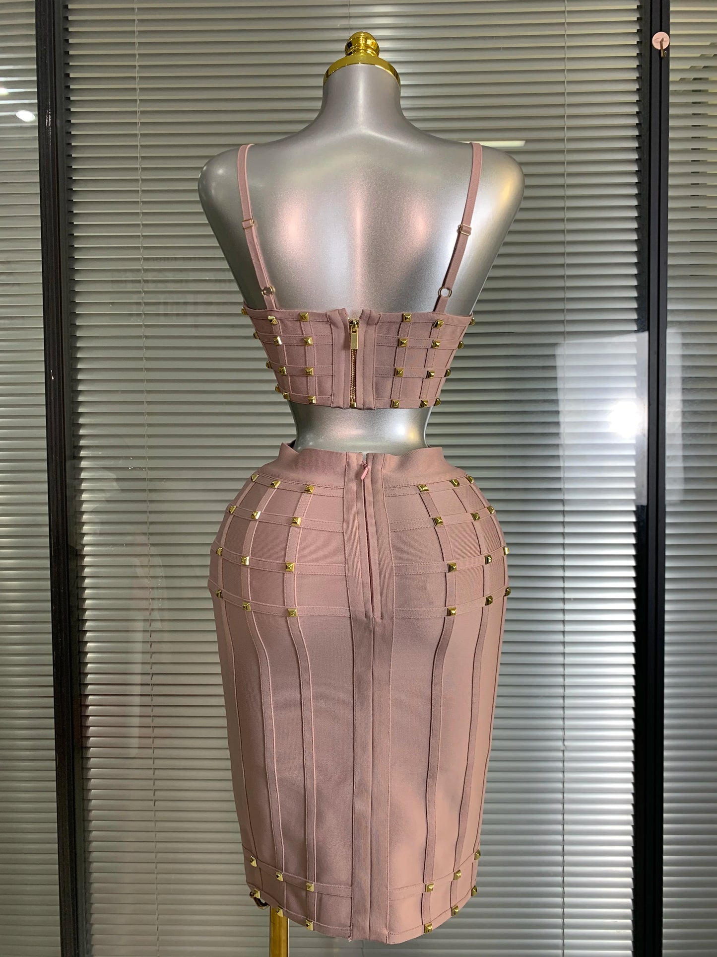 Été nouveau 2025 femmes Sexy rose Rivet pansement deux pièces ensemble célébrité soirée jupe costumes