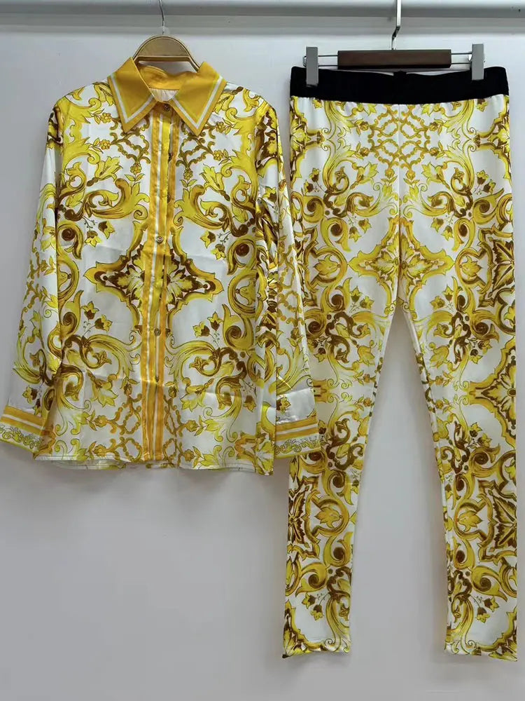Chemise à manches longues à revers imprimé rétro pour femmes, nouveau costume + taille élastique, pantalon slim, pieds élastiques, costume deux pièces à la mode, printemps 2025