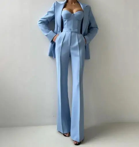 Tenue 3 pièces pour femmes, nouveau tempérament, bretelles Spaghetti, haut court et pantalon taille haute, ensemble avec Blazer à manches longues, automne 2025