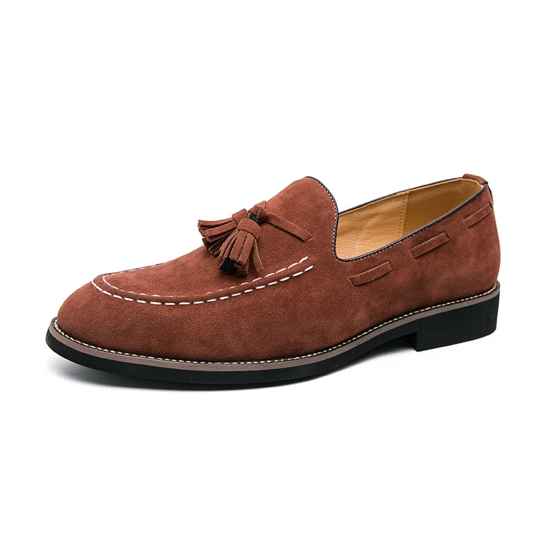 Marque Design hommes chaussures en cuir suédé mocassins violet gland pointu hommes mocassins Vintage Slip-on décontracté hommes robe sociale chaussure