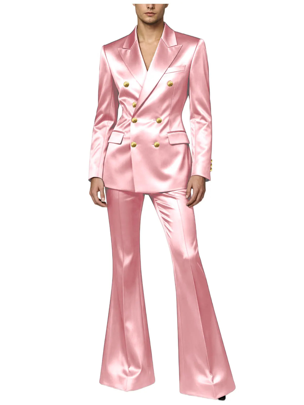 Ensemble de costume satiné croisé pour homme, 2 pièces, revers cranté, blazer à boutons dorés, pantalon évasé, tenue formelle pour mariage, bal de promo, soirée, ou marié