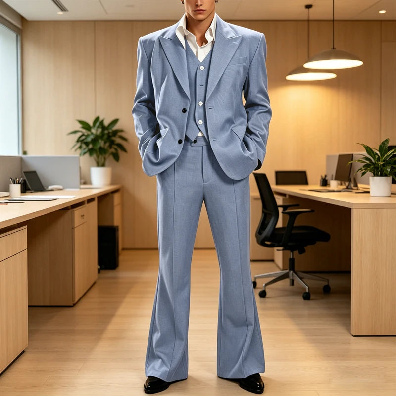 Ensemble de costume 3 pièces vintage pour homme, revers pointu, coupe ajustée, blazer croisé à 2 boutons, gilet et pantalon évasé pour occasions formelles, affaires et mariages