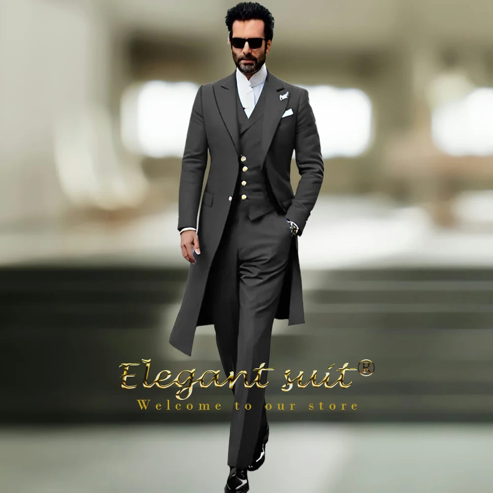 Costume long à revers de pistolet pour hommes, gilet et pantalon, costume 3 pièces, costume ajusté élégant personnalisé pour fête, banquet, célébration, mariage