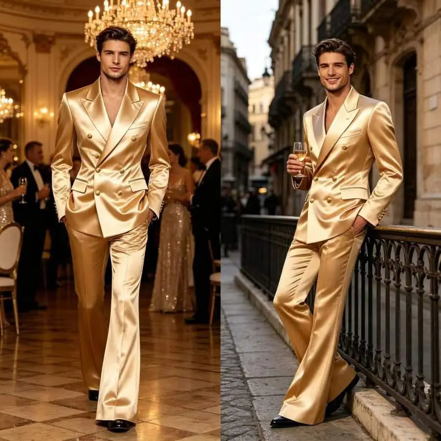 Ensemble de costume satiné croisé pour homme, 2 pièces, revers cranté, blazer à boutons dorés, pantalon évasé, tenue formelle pour mariage, bal de promo, soirée, ou marié