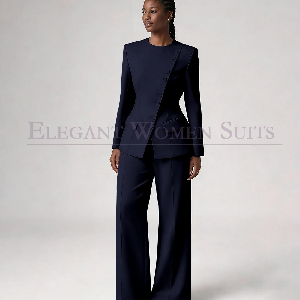 Costume de mode pour femme, blazer à simple boutonnage, col rond, longueur standard, ensemble 2 pièces veste et pantalon, tenue formelle de luxe