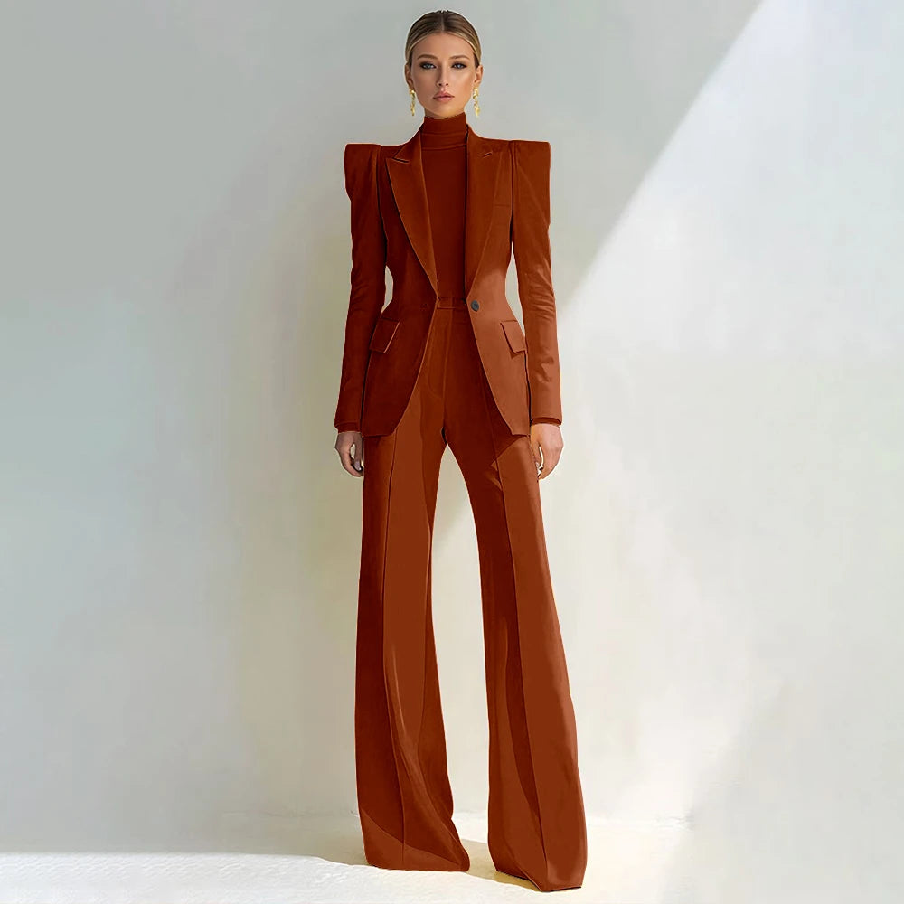 Costume rouge professionnel pour femmes, revers à pointe, bouton unique, Blazer élégant et pantalon évasé, ensemble 2 pièces, vêtements de bureau formels