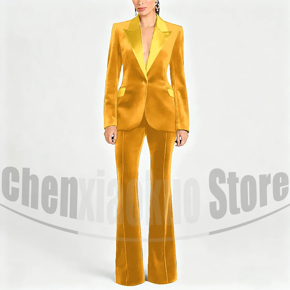 Ensemble de costume en velours pour femmes, Blazer à un bouton et pantalon évasé, vêtements de cérémonie élégants pour soirée, bal, tenue Slim, deux pièces