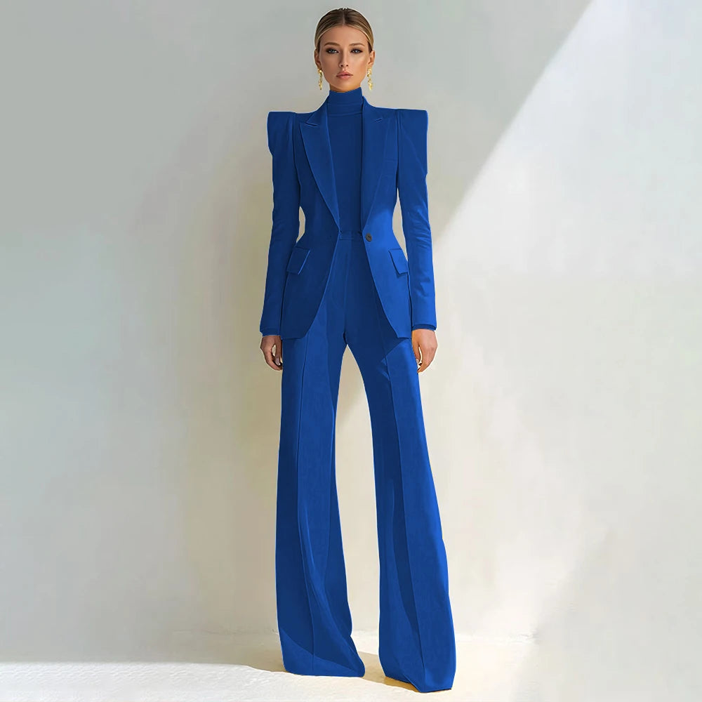 Costume rouge professionnel pour femmes, revers à pointe, bouton unique, Blazer élégant et pantalon évasé, ensemble 2 pièces, vêtements de bureau formels