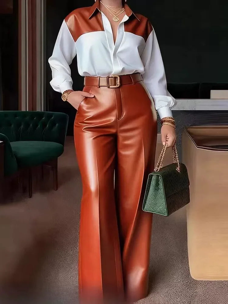Ensemble deux pièces élégant pour femme : haut à col rabattu et manches longues avec pantalon large en similicuir – Collection Printemps-Automne 2026