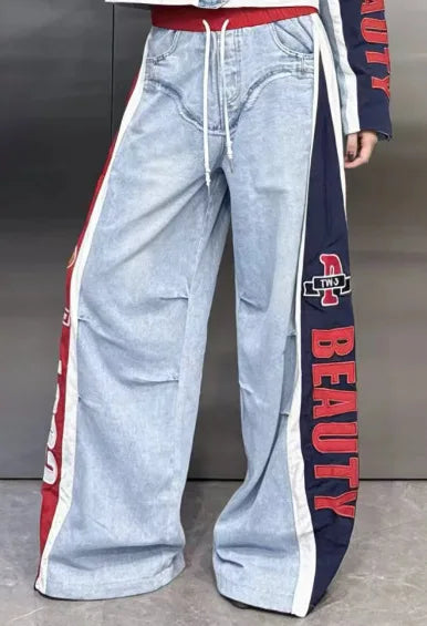 Ensemble décontracté tendance européenne pour femme, nouvelle collection printemps 2026, avec haut à manches longues en denim brodé de lettres et pantalon à taille élastique