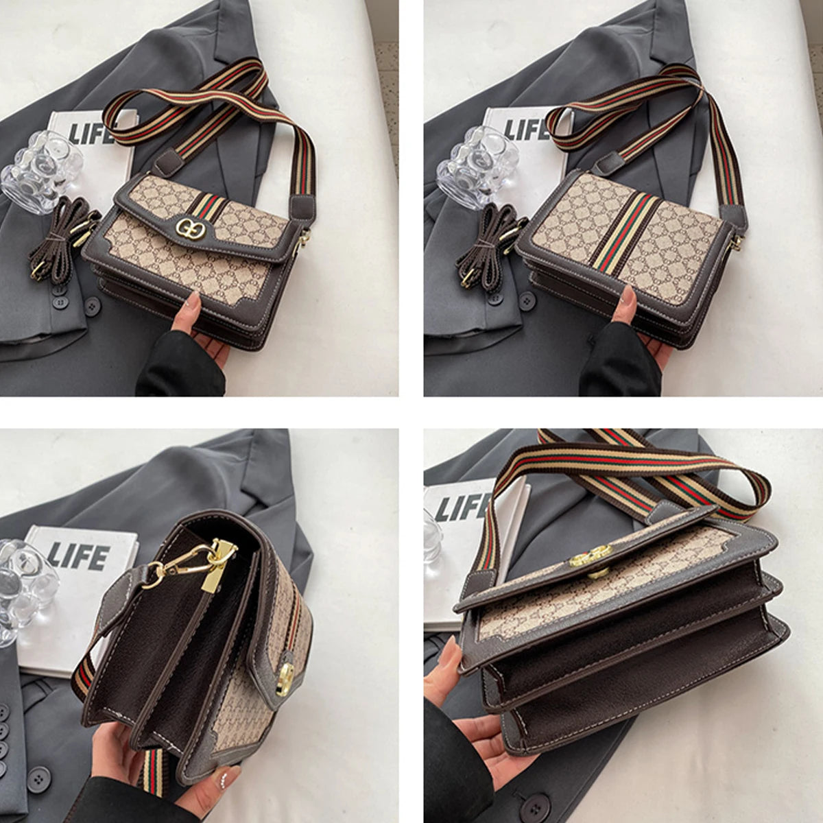 Sac bandoulière classique tendance en PU léger avec rabat, sangle réglable, imprimé géométrique et logo, idéal pour le shopping et les trajets quotidiens