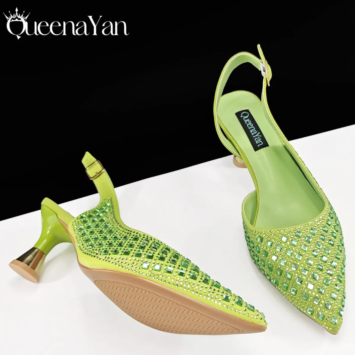 Queena Yan Design italien strass luxe couleur verte bout pointu chaussure et sac ensemble femmes talons hauts pour les fêtes de haute qualité