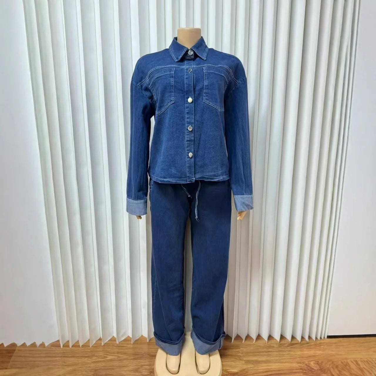 Ensemble 2 Pièces Femme : Veste en Jean et Pantalon Droit, Style Vintage Délavé, Tenue Streetwear à Lacets, Printemps 2026
