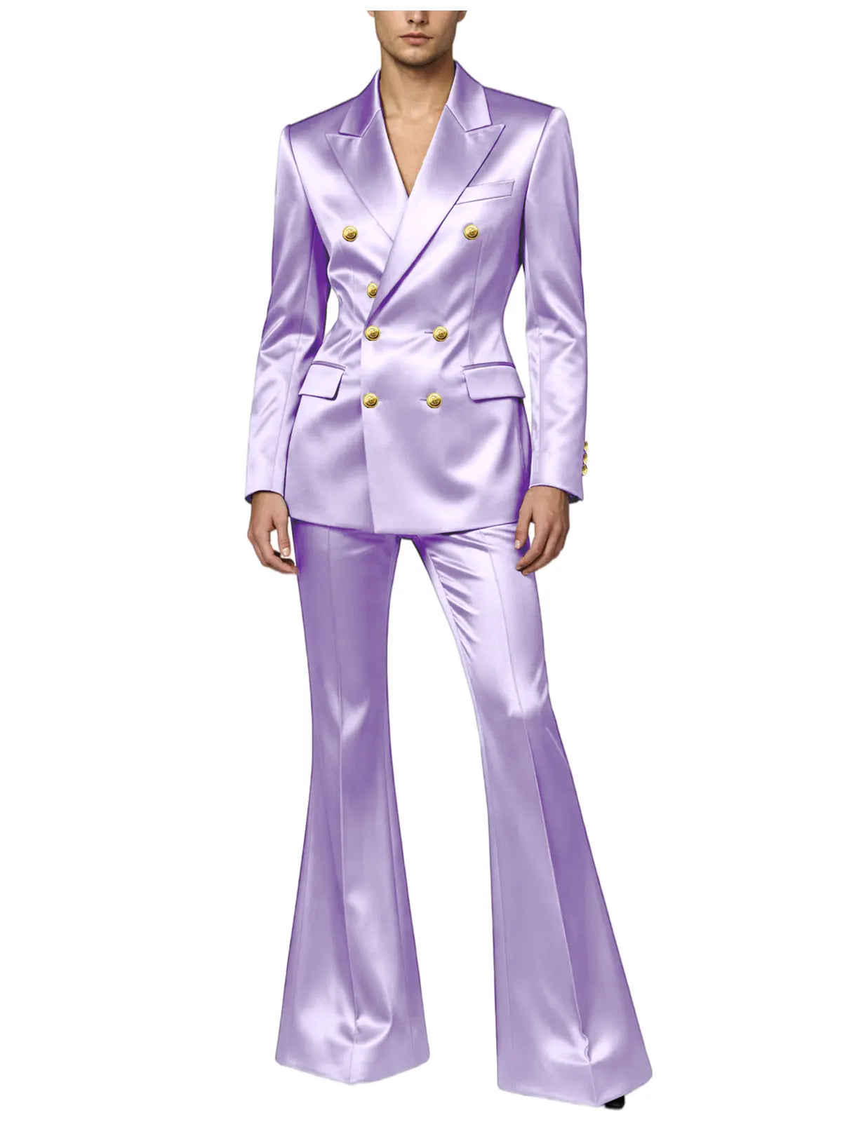 Ensemble de costume satiné croisé pour homme, 2 pièces, revers cranté, blazer à boutons dorés, pantalon évasé, tenue formelle pour mariage, bal de promo, soirée, ou marié