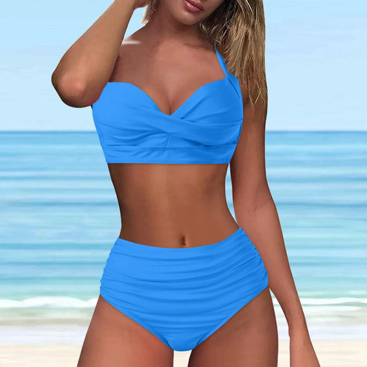 Maillot de bain bikini deux pièces pour femme, taille haute, push-up, sexy, solide, document, ensemble, 2024