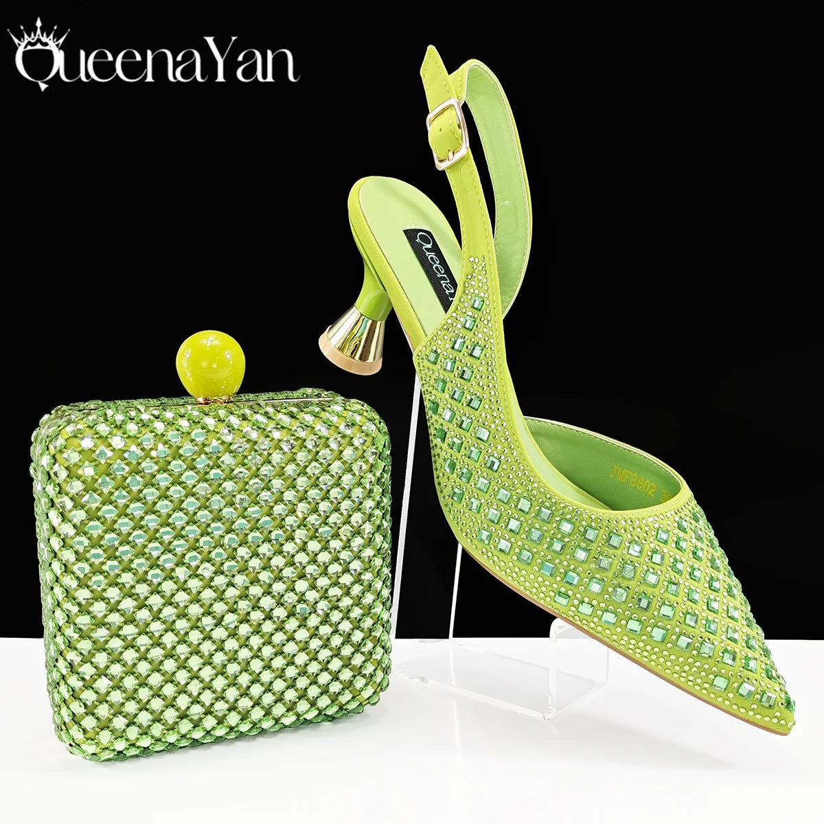 Queena Yan Design italien strass luxe couleur verte bout pointu chaussure et sac ensemble femmes talons hauts pour les fêtes de haute qualité