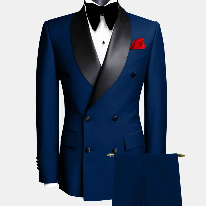 Veste et pantalon noirs trempés à double bouton pour hommes, revers noir, mariage, marié, affaires, anniversaire, banquet, travail, 2 pièces