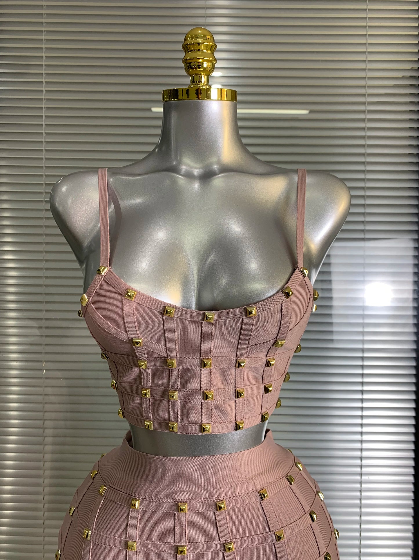 Été nouveau 2025 femmes Sexy rose Rivet pansement deux pièces ensemble célébrité soirée jupe costumes