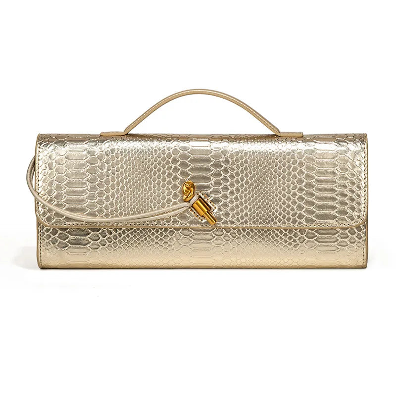 Sac bandoulière en similicuir croco doré métallisé pour femme, élégant sac à poignée supérieure, pochette de soirée avec fermoir