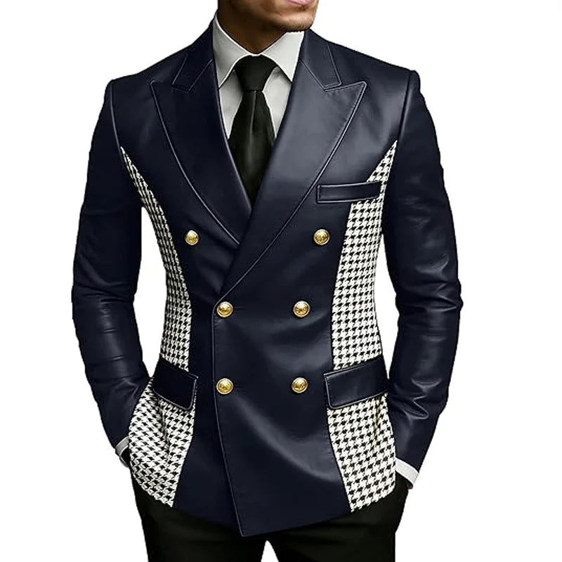 Blazer en cuir marron pour homme avec côtés à motif pied-de-poule, vintage, bicolore, double boutonnage, coupe ajustée, boutons dorés, veste de smoking en cuir