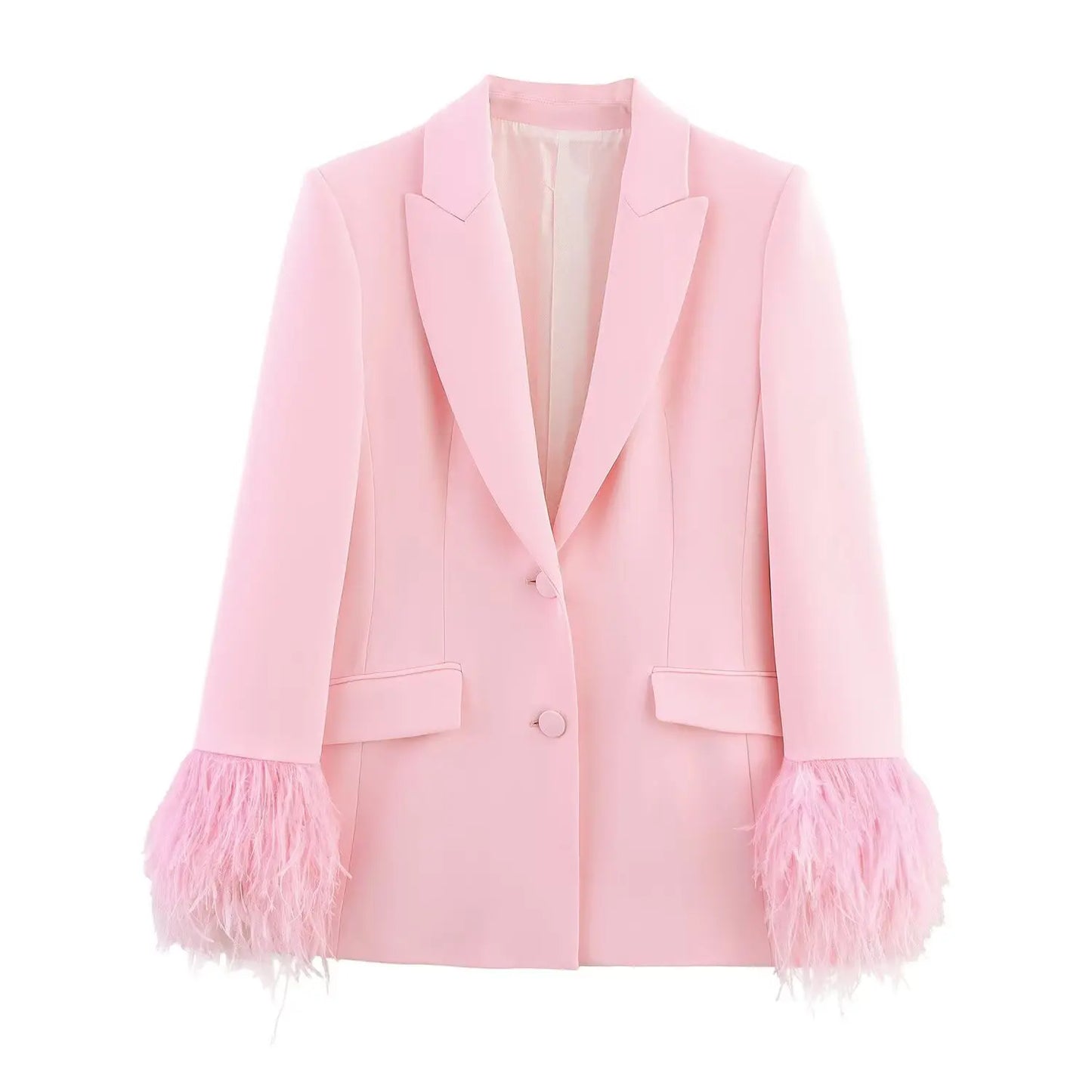 Femmes été nouvelle mode plume rose pantalon costume revers à manches longues costume veste taille haute poche banlieue pantalons décontractés