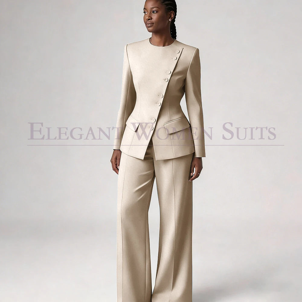 Costume de mode pour femme, blazer à simple boutonnage, col rond, longueur standard, ensemble 2 pièces veste et pantalon, tenue formelle de luxe