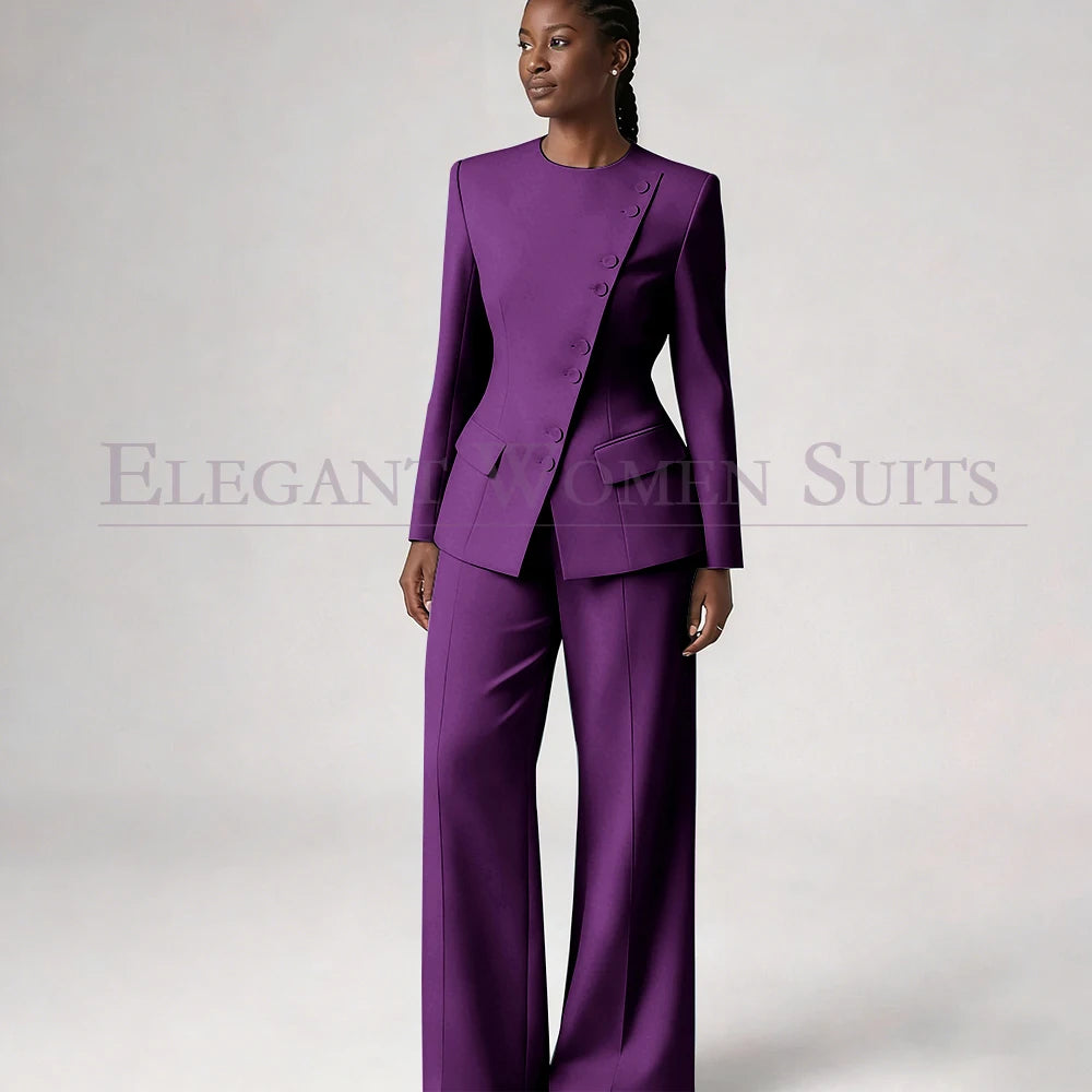 Costume de mode pour femme, blazer à simple boutonnage, col rond, longueur standard, ensemble 2 pièces veste et pantalon, tenue formelle de luxe