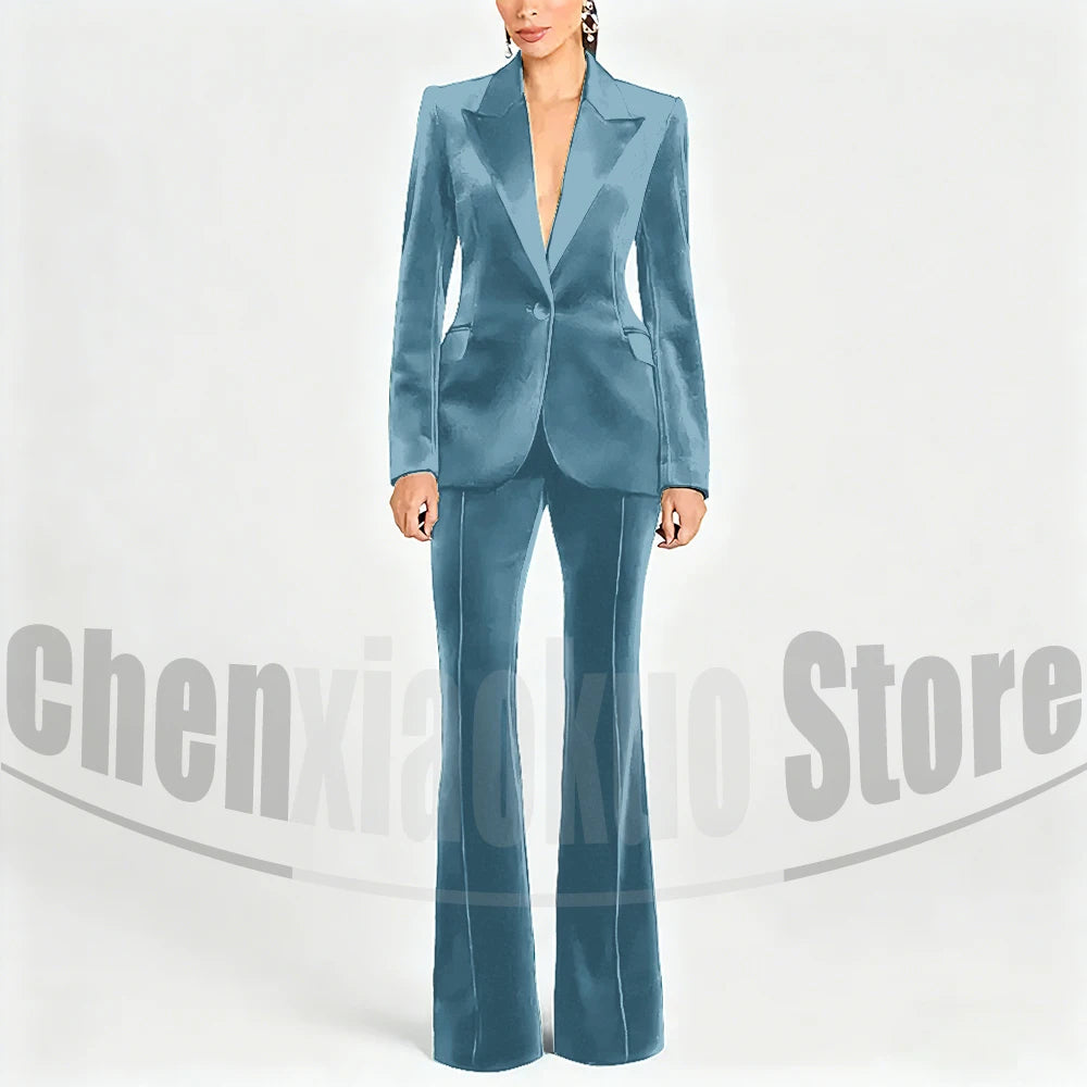 Ensemble de costume en velours pour femmes, Blazer à un bouton et pantalon évasé, vêtements de cérémonie élégants pour soirée, bal, tenue Slim, deux pièces