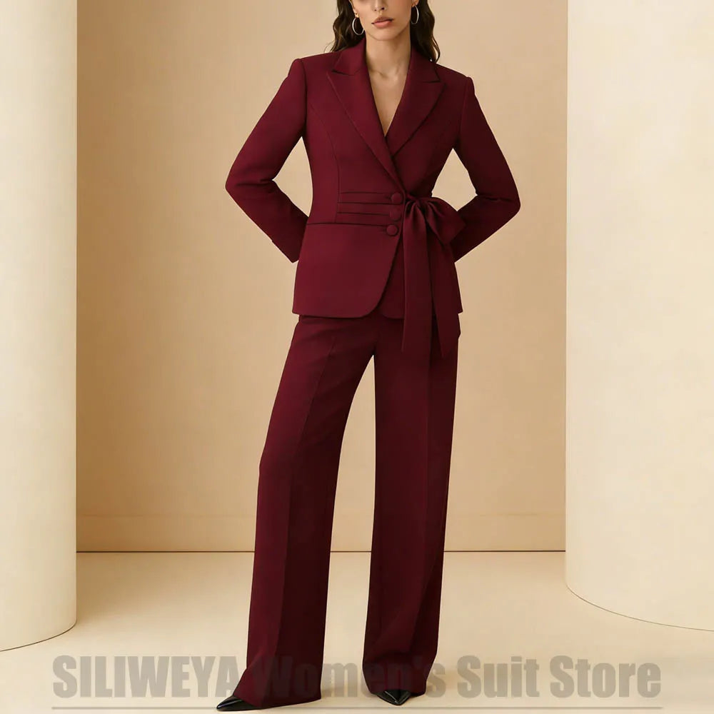 Costume 2 pièces pour femmes, Design avec ceinture à nœud, tenue formelle pour fête de mariage, bal de promo, bureau, mode, revers, costumes quotidiens décontractés pour dames