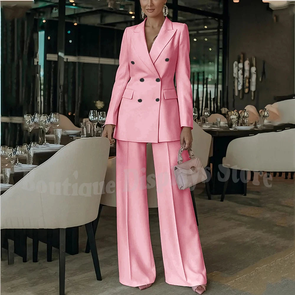 Costume rose clair pour femmes, tenue élégante, Double boutonnage, revers à pointe, droit, bureau d'affaires, ensemble formel deux pièces