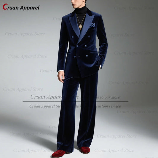 Costume Double boutonnage en velours bleu marine pour hommes, tenue de soirée, sur mesure, Blazer et pantalon, élégant, Slim Fit, 2 pièces