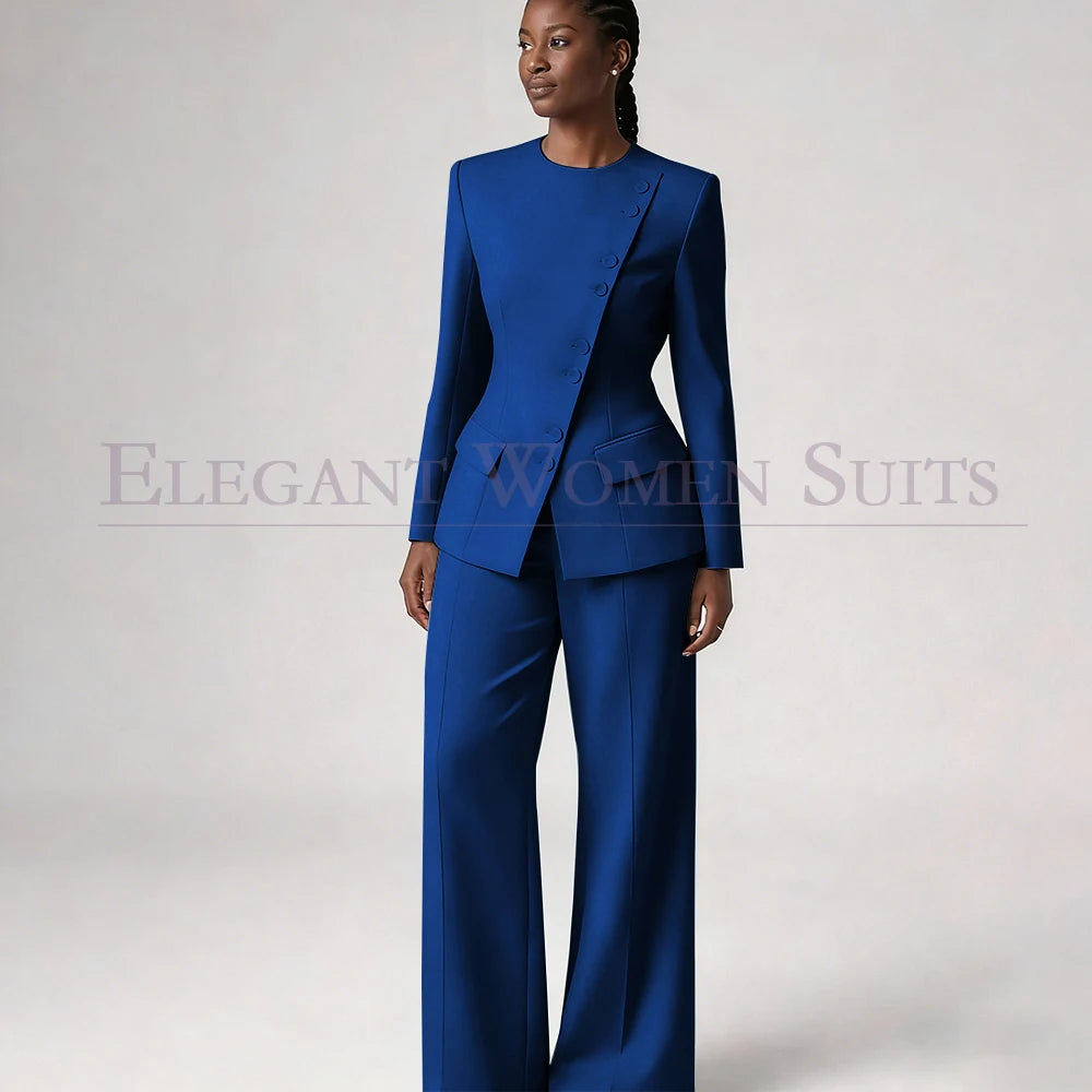 Costume de mode pour femme, blazer à simple boutonnage, col rond, longueur standard, ensemble 2 pièces veste et pantalon, tenue formelle de luxe